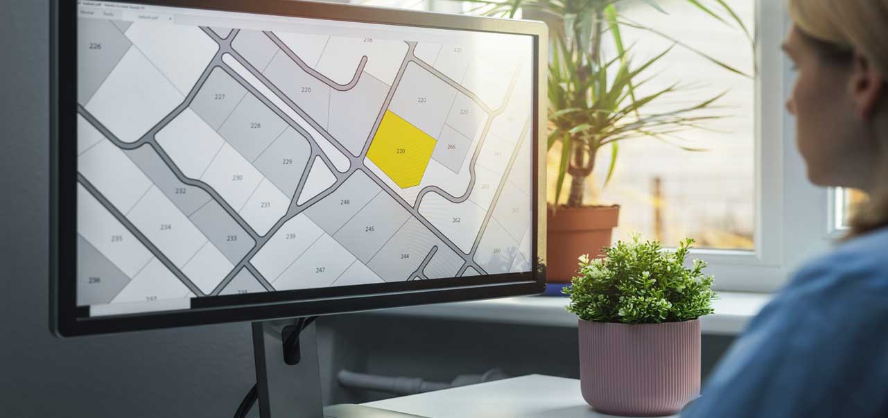 Woman looking at block of land on computer