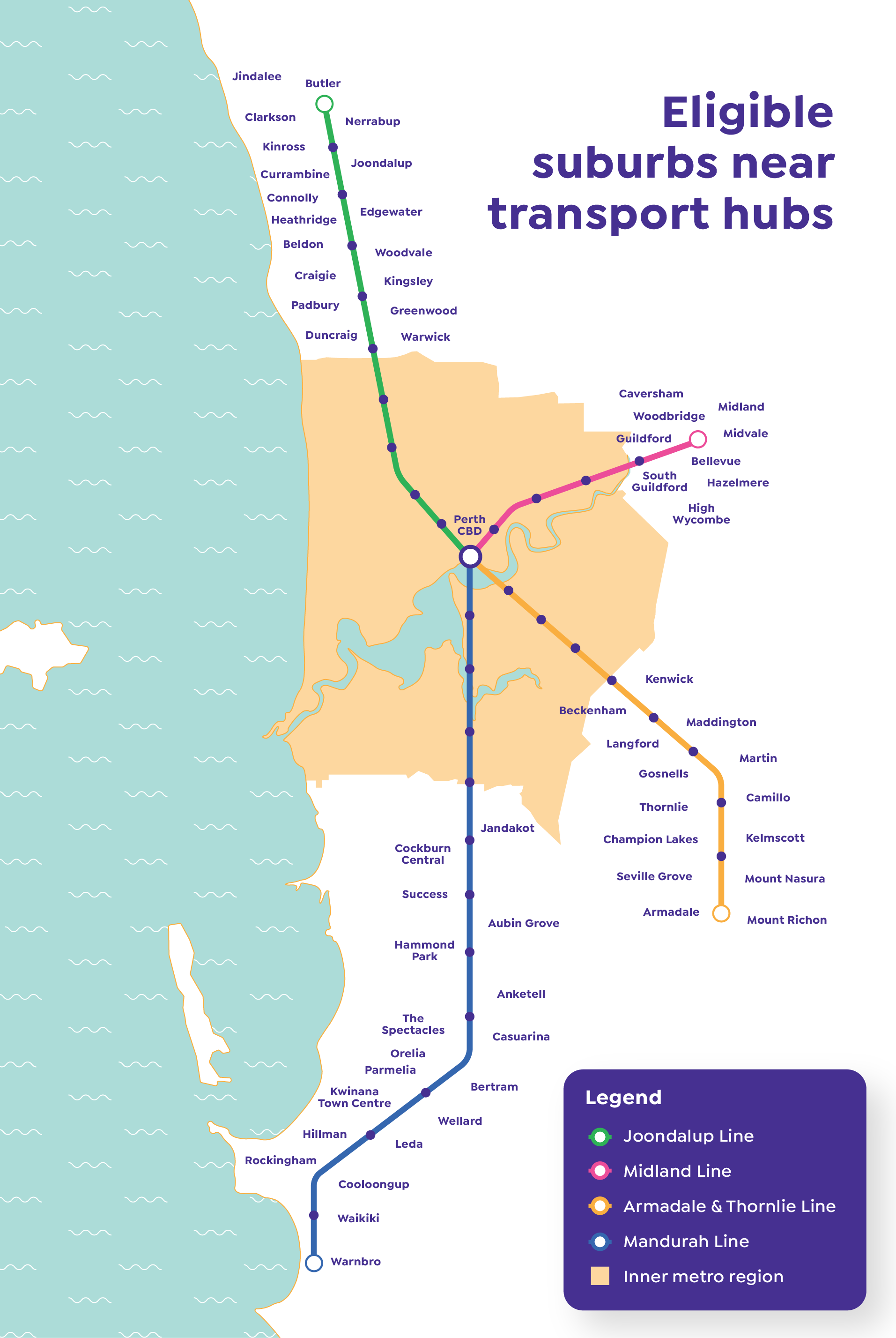 Map of Perth with rail transport lines